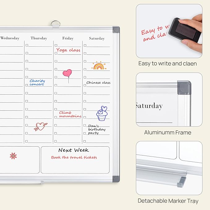 Weekly Calendar Dry Erase Board for Wall, Hanging 36"×24" Double-Sided Magnetic Whiteboard with Hourly Slots, for Planning, Memo, to Do List, Home, Office, Work