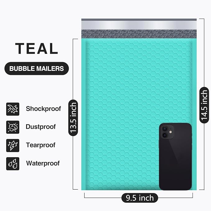 UCGOU Bubble Mailers 9.5x14.5" 40 Pack Usable Size 9.5x13.5" Teal Padded | Waterproof Self Seal Adhesive Large Padded Envelopes for Small Business Bubble Packaging Envelopes for Mailing Jewelry Makeup