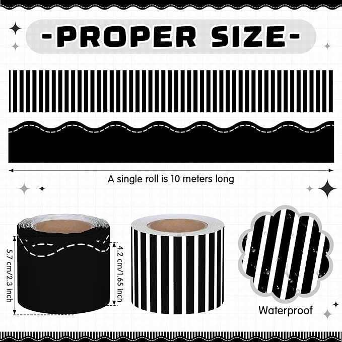 2 Rolls 65.6ft Black Striped Bulletin Board Borders Decoration Scalloped and Straight Edge Black Bulletin Borders Board Trim for Office School Classroom Chalkboard Party Decoration