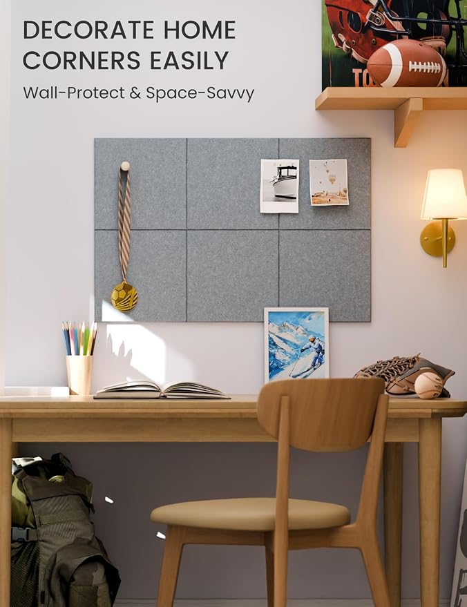28" x 18" Felt Bulletin Board Tiles, Solid-Tile, Blue Gray | 6-Pack Cork Board Alternative, 30 Adhesive Tabs, Push Pin Board, Wall Decor, Office, Home, Classroom, Dorm