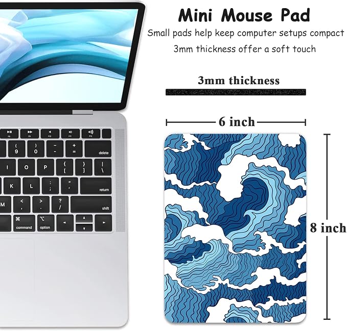 Dapesuom Small Mouse Pad, 6 x 8 Inch Thick Rubber Premium-Textured Non-Slip Portable & Washable Mini Mouse Mat for Women Men Wireless Laptops Keyboard Tray Gaming Work Computer Office Travel, Waves