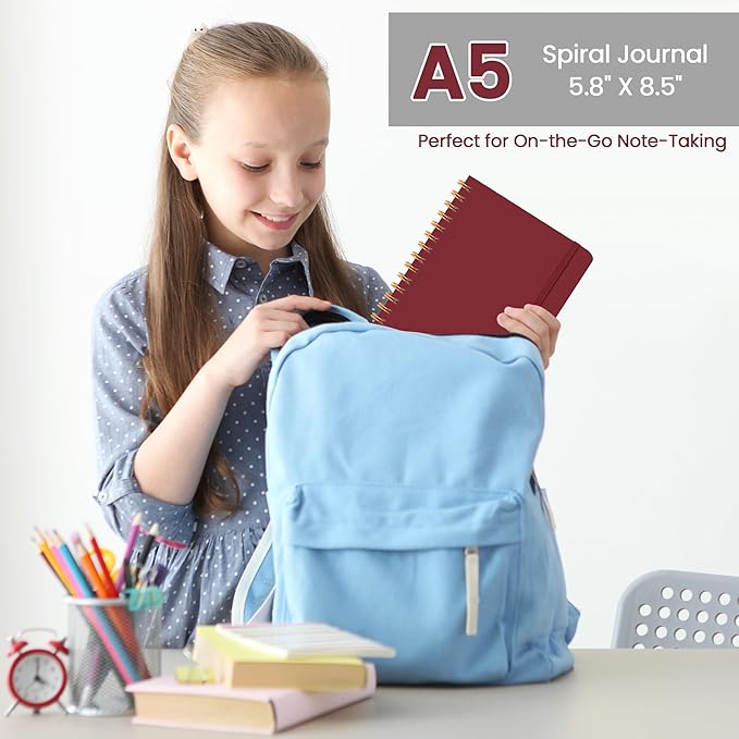 Lined Spiral Journal Notebook, A5 College Ruled Notebook for Journaling, Note-Taking, and Daily Planning, Durable Hardcover with an Elegant Design, Burgundy