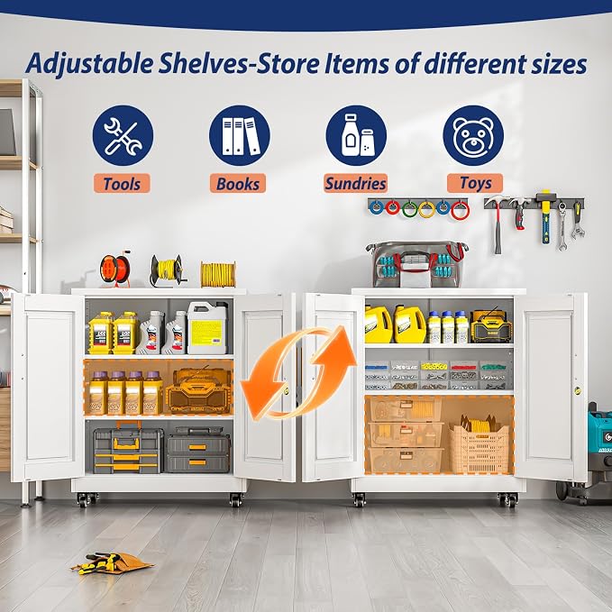 PAOFIN Metal Storage Cabinet-35” Tall Steel File Cabinets with Lockable Doors and Adjustable Shelves, Steel Tool Cabinet with Wheel for Home, School, Office, Garage White