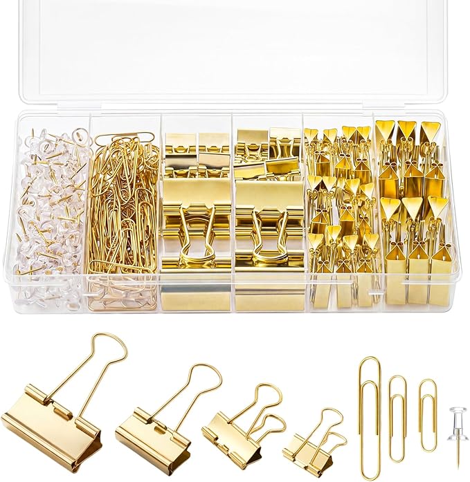 BESARME Gold Paper Clips, Binder Clips & Push Pins Set, 279 PCS | Assorted sizes, back to school supplies, reusable metal clips, 6-compartment organizer box, for office, school and home use
