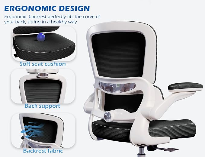TRALT Ergonomic Office Chair Desk Chair with Adjustable Lumbar Support | Desk Chair Comfy with Flip-up Armrests Ergonomic Chair - Mesh Computer Chairs for Adults, 330lbs, PU Leather (Black White, 1)