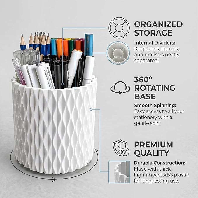 Lebenrich Rotating Pen Holder for Desk, 5 Slots Easthetic Pencil holder Desk Organizer Supplies and Accessories for Women Girls, Pencil Cup for Office Home Art Supply, White