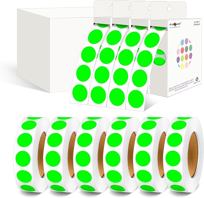 PARLAIM 1/2 Inch Diameter Dot Stickers, 10 Rolls 10000pcs Fluorescent Green Self-Adhesive Color-Code Dot Stickers Permanent Adhesive Round Circle Labe
