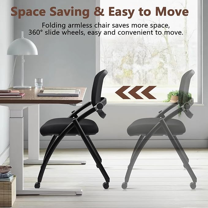 CLATINA Stackable & Foldable Conference Chair with Wheels, Ergonomic Mesh Back,300lbs Capacity, Breathable Padded Seat, Armless Office Chair for Reception, Training, Home Office, Black, 1PK