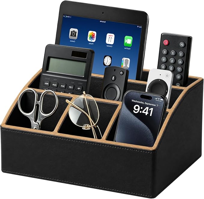 TV Remote Control Holder, Mail Organizer Countertop, Office Bill Sorter | PU Leather Aesthetic 5-Slot Pen/Pencil Caddy, Art Supplies Storage Box for Makeup Brushes, Nightstand Accessories Home Decor