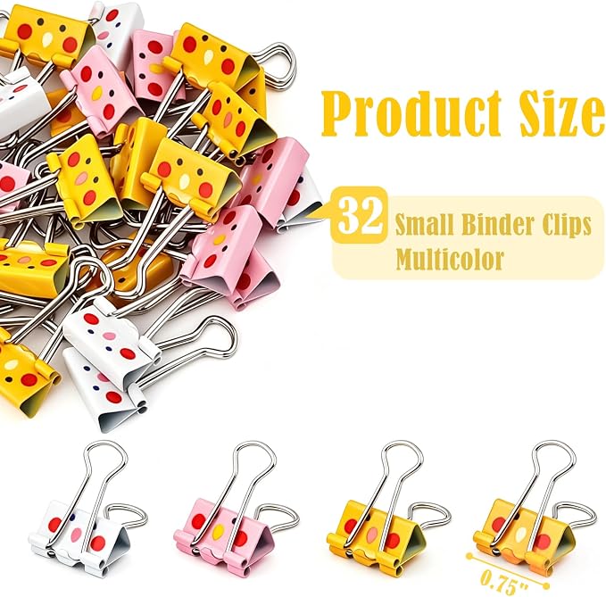 32Pcs Cute Binder Clips, 3/4 Inch (19 mm) Small Binder Clips | Colored Paper Clip, Paper Clamps for School Teachers Office Supplies (Light Yellow, Dark Yellow, Pink, White)
