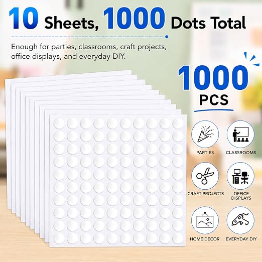 1000PCS Clear Glue Dots Double Sided Removable 10mm for Balloon Crafts DIY | Clear 10mm Dots on 10 Sheets, Peel-Press-Stick for Balloons, Photos, Crafts, Removable from Walls, Glass, Paper—No Remains