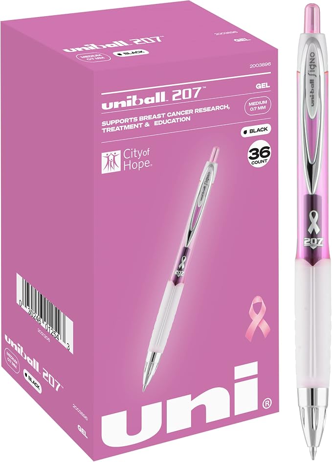 uniball™ 207 Pink Ribbon Gel Pens, Medium Point (0.7mm), Black, 36 Pack | Supports City of Hope, fraud-resistant uni Super Ink, water & fade-resistant, textured rubber grip