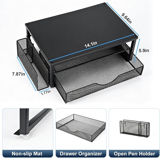 Spacrea Monitor Stand with Drawer and Pen Holder | Monitor Riser Desk Organization Desk Organizer and Accessories (Black)