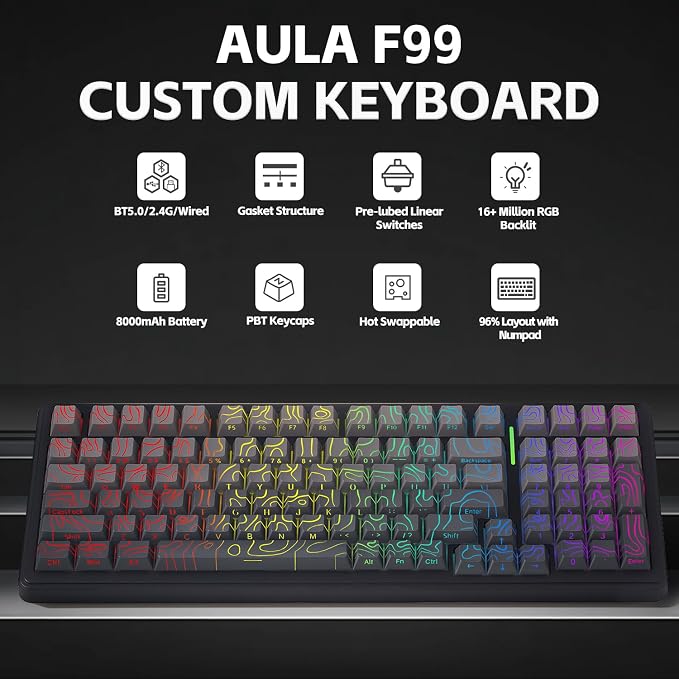 Aula F99 Keyboard Gaming,Wireless Mechanical Keyboards Creamy Sound | Computer Bluetooth Keyboard Full Size Hot Swappable RGB Backlit w/8000mAh Battery,Gradient Grey Tri-Mode BT/2.4GHz/USB