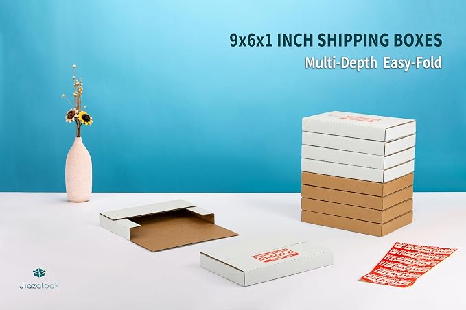 9x6x1 Inch Shipping Boxes for DVDs, CDs, Books Mailing, 50 Pack | Multi-Depth, Easy-Fold, Corrugated Cardboard, Includes Fragile Stickers, Single-sided White