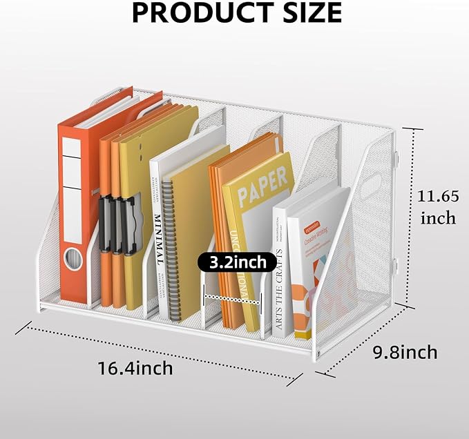 Binder Organizer, Magazine File Holder with 5 Vertical Rack, White | Metal Desk File Organizer & Binder Holders, Magazine Organizers for Office Desktop, Home, School, Classroom