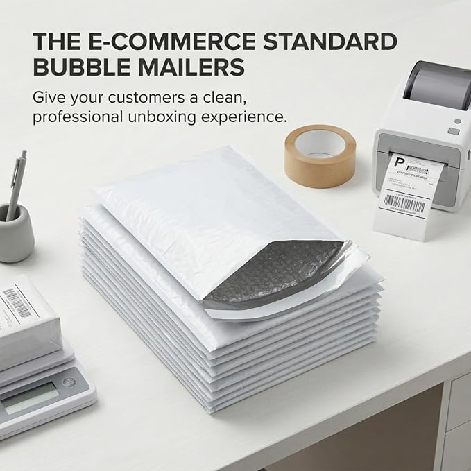 BOX USA White Poly Bag Mailer Bubble Lined, 8.5"L x 12"W, Pack of 25 | Self-Sealing Durable Plastic Envelope for Secure Shipping, Packaging, & Storage, Ideal for Personal & Small Businesses, 8.5x12