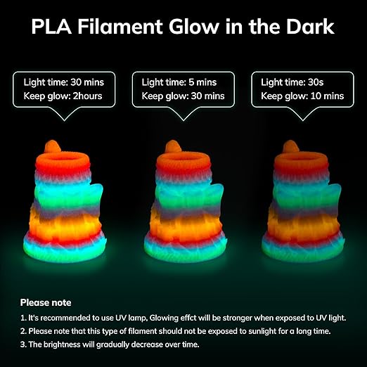 AMOLEN Glow in The Dark 3D Printer Filament Bundle, Glow Filament Multicolor, 5 Meter Rainbow, Green, Blue and Blue-Purple, 1.75mm PLA Filament, Dimensional Accuracy +/- 0.02 mm, 200g X 4 Pack