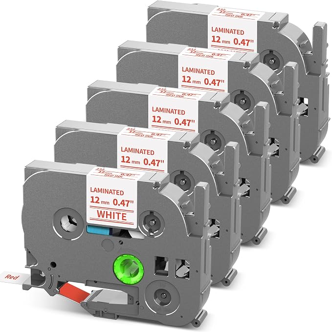 TZe-232 TZ Tape 12mm 0.47 Laminated Red on White P Touch Label Tape | Replace for Brother Label Maker Tape TZe232 for Brother PTH110 PT-D210 D220 H103W 1180 1280 1750 Ptouch Refills, 5-Pack