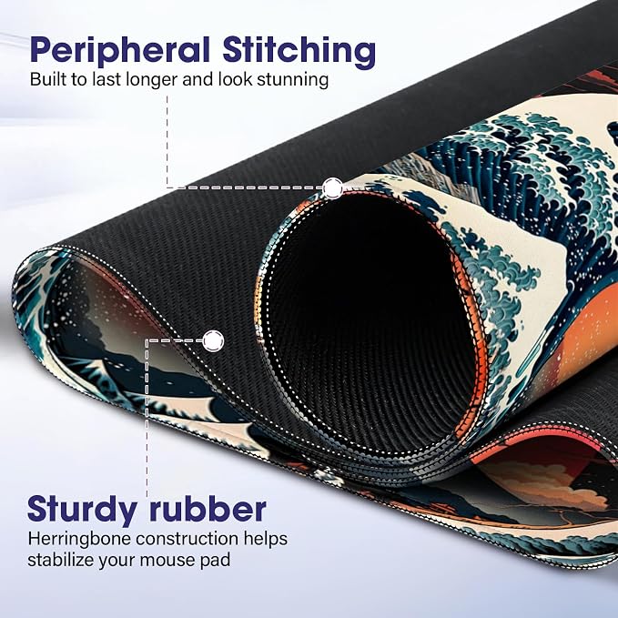 Professional Extended Gaming Mouse Pad - 31.5" x 15.7" Large Desk Mat with Stitched Edges, Waterproof Coating Non-Slip Rubber Base for Gamers Esports Pros Office Home, Moon Wave