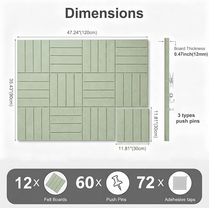 0.47" Thick Felt Wall Tiles 48"x36" Cork Board Alternative 12 Pack 11.81"x11.81"Felt Bulletin Board Pin Board with Removable Adhesive Tape&60 Pushpins for Home Office School(Bold-Sage)
