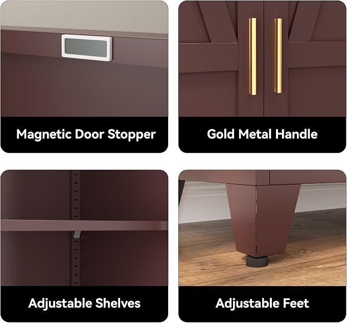 COFaR 61" Metal Storage Cabinet with Doors and Adjustable Shelves, Tall Pantry Cabinet Freestanding Kitchen Pantry Storage Cabinet, Steel Cupboard for Bathroom, Living Room & Office, Reddish Brown