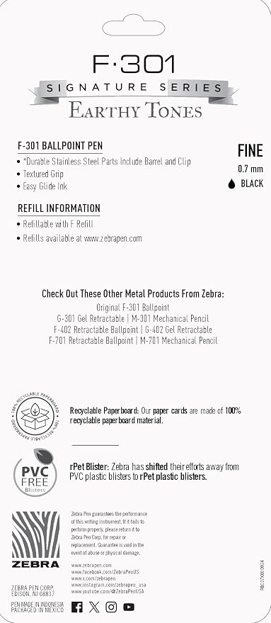 Zebra Pen F-301 Signature Series Ballpoint Pen, Black, 0.7mm, 4-Pk (27244) | Stainless Steel Barrel, Easy-Glide Ink, Sage Earth-Tone Barrel Accents, Fine Point Tip, Ideal for Planners & Note-Taking