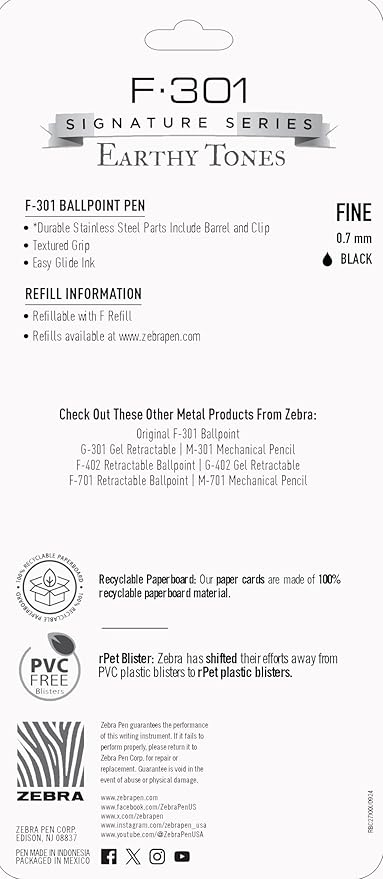 Zebra Pen F-301 Signature Series Ballpoint Pen, Black, 0.7mm, 4-Pk (27304) | Stainless Steel Barrel, Easy-Glide Ink, Earth-Tone Accents, Fine Point, Ideal for Planners, Office Supplies, and Note-Taking