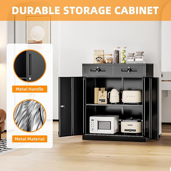Metal Storage Cabinet with Drawers, 36”H Lockable Office Storage Cabinets with 2 Doors and Adjustable Shelves, White Steel File Cabinet for Home Office, Garage, School, Apartment(Black)