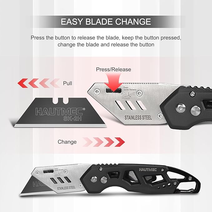 HAUTMEC Folding Utility Knife with 10-Pack SK2H Blades, Heavy-Duty Aluminum Box Cutter with Belt Clip, Quick-Change Blades, Safety Lock & Carabiner – HTUCH25002
