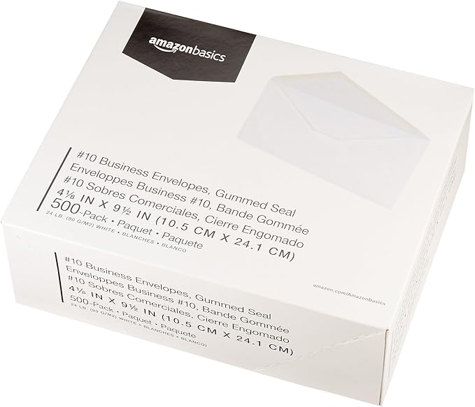 Amazon Basics #10 Business Letter Envelopes with Gummed Seal, No Tint, White, 500-Pack