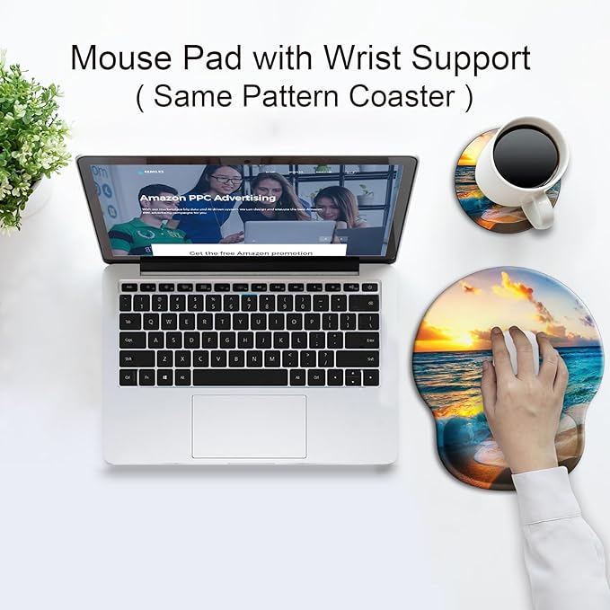Ergonomic Mouse Pad with Wrist Support Rest,Large Mousepad Gel Wrist Rest, with Coaster Non-Slip & Pain Relief for Computer, Desk, Home&Office-Ocean Sea