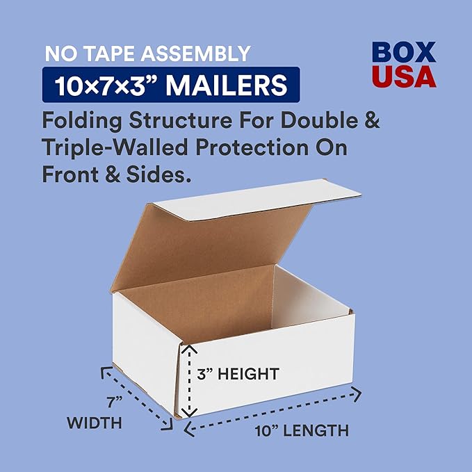 BOX USA Small Shipping Boxes 10"L x 7"W x 3"H, 50-Pack | Foldable Corrugated Cardboard Crush-Proof Box for Shipping, Packing, Moving and Storage 10x7x3