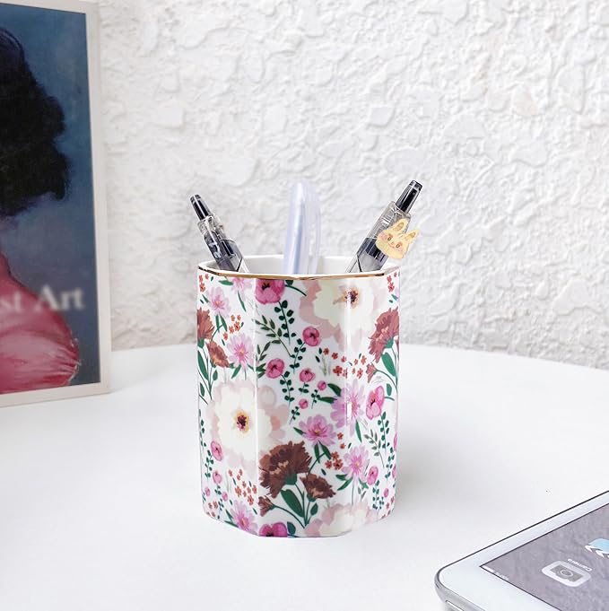 Large Capacity Colored Pen Holder for Desk, Ceramic Pencil Holder Pen Cup Marker Holder Floral Makeup Brush Holders, Desk Accessories & Workspace Organizers for Home, School & Office(Pink White)