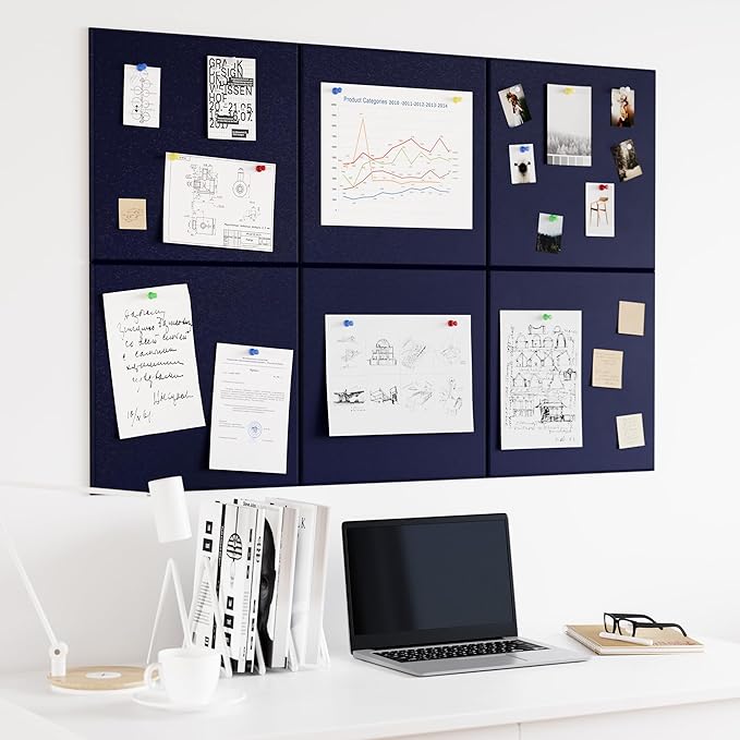 Large Cork Board for Wall, 36" x 24" Bulletin Board with Pushpins, 6 Panels Felt Tiles Tack Push Pin Board for Office, Dark Blue