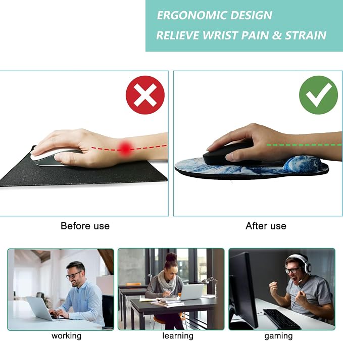 Mouse Pad with Wrist Support, Ergonomic Mouse Pad with Memory Foam Wrist Rest Cushion, Non-Slip Rubber Base Gaming Mice Pad for Home Office Computer Laptop, Blue Marble