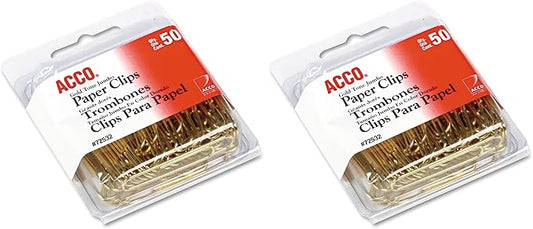 ACCO Paper Clips, Jumbo, Smooth, Gold, 50 Clips/Box (72532) (Pack of 2)