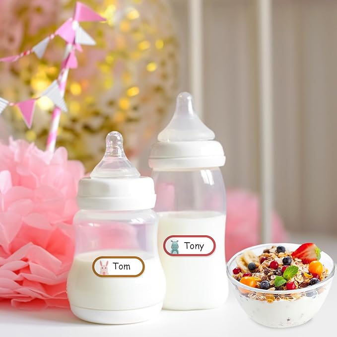 480 Pcs Baby Bottle Labels for Daycare, Waterproof Name Labels Self-Laminating, Write-on School Name Labels for Kids Name Tags Stickers(Cute Animal Style)