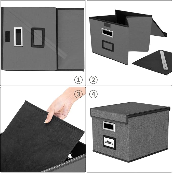 File Organizer Box with Lids, Collapsible File Folder Organizer | File Box with Plastic Slides for Document, Filing Bin for Letter Size Hanging File Folders (1 Pack, Smoky Gray)