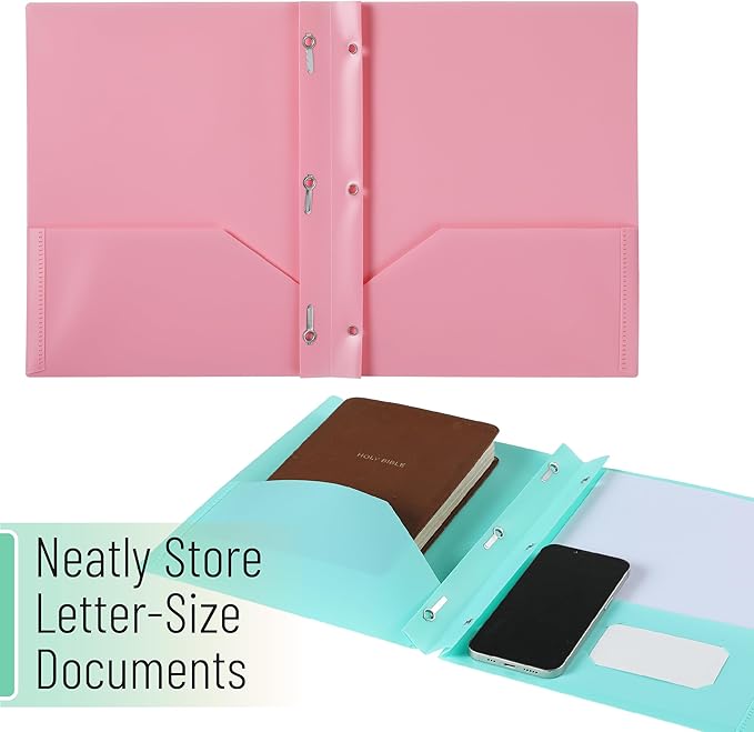 Mr. Pen- Plastic Folders with Pockets and Prongs, 15 Pack, Letter Size, Pastel Color, Flexible Plastic Folders with Prongs