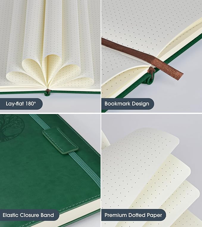 Dotted Journal Notebook for Women Men, 140 Pages Hardcover Dot Grid Notebooks for Work, School & Travel, Leather Journals for Writing, Bullet Journaling 5.7"×8.3" (Green)