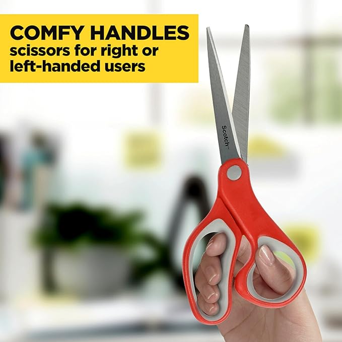 Scotch Multi-Purpose Stainless Steel All-Purpose 2 Pairs of Scissors, 8 Inches, Red & Gray, Great for cutting holiday gift wrap paper