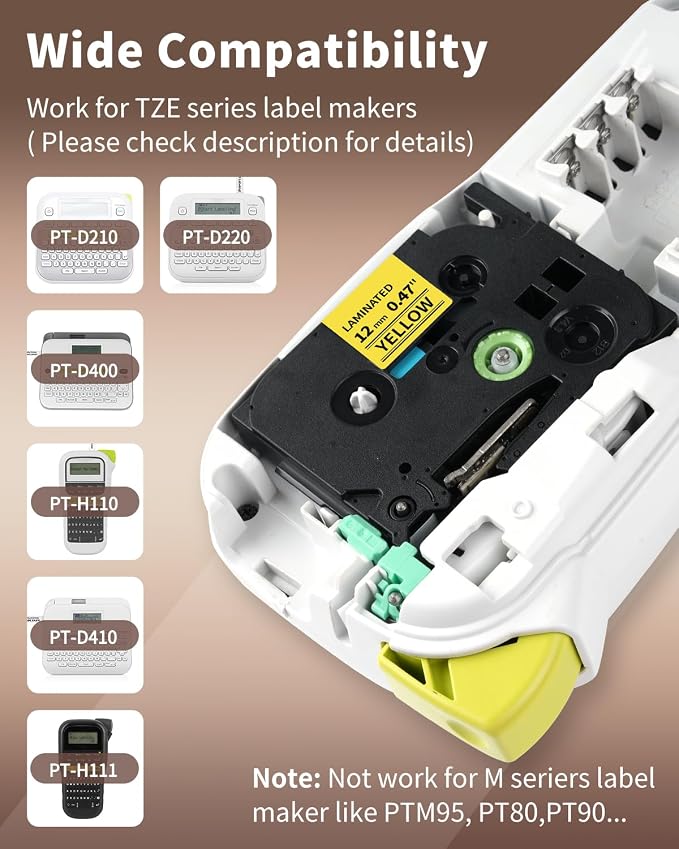 Label Tape Yellow Replace for TZe-631 Brother Label Maker Tape 12mm | 0.47 TZE631 TZ Tape Laminated Ptouch Black on Yellow Compatible with Brother P-Touch Label Tape PTD210 PTH110, 4Pack