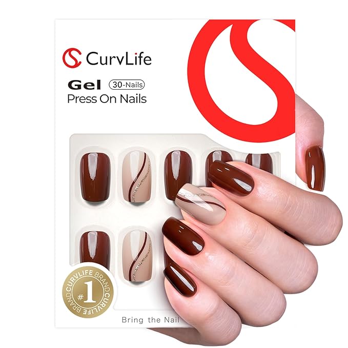 CurvLife Medium Square Press On Nails, Soft Gel Mocha Line Dream Salon Quality Fake Nails, Brown Nude Minimalist Design, Reusable Full Cover Press Ons for Women