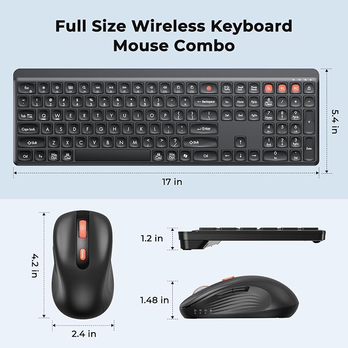 MEETION Bluetooth Keyboard and Mouse Combo, Silent Multi-Device, Black | Full-size keyboard with 2.4G & dual Bluetooth connection, 4-level DPI wireless mouse, compatible with Windows and Mac OS