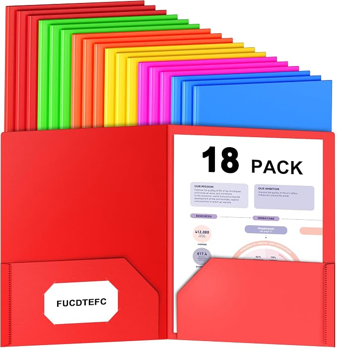 Plastic Folders with Pockets, 2 Pocket Folders Fit Letter Size Paper, Heavy Duty Paper File Folder with Business Card Holder for School Office Home Business (18 Pack, Assorted Colors) | Heavy Duty, Paper, File Folder, Business Card Holder, for School, ...