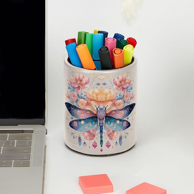 Leather Pen Holder for Desk, Dragonfly Pencil Cup Pen Organizer Makeup Brush Holder for Office Home Kids Countertop Desk Accessory Storage
