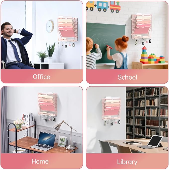 5-Tier Wall File Organizer and Mail Organizer with 5 Hooks, Pink | Label slots, curved openings, 5 key hooks, and a bottom tray support organized mail, file, and everyday item storage.
