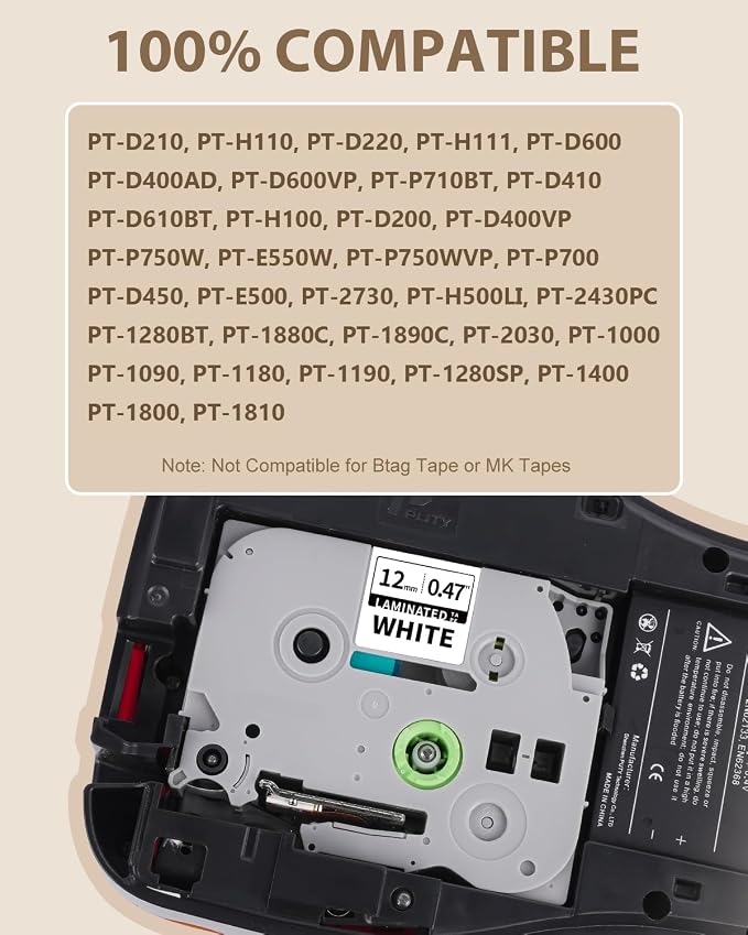 10-Pack TZ-231 Compatible for Brother Tze-231 TZe 12mm Label Maker Tape | 0.47 Laminated White TZ Black on White Refills Work with Brother P-Touch PT-D210 D220 D200 H110 1000 1280 D400, 1/2" x 26.2'