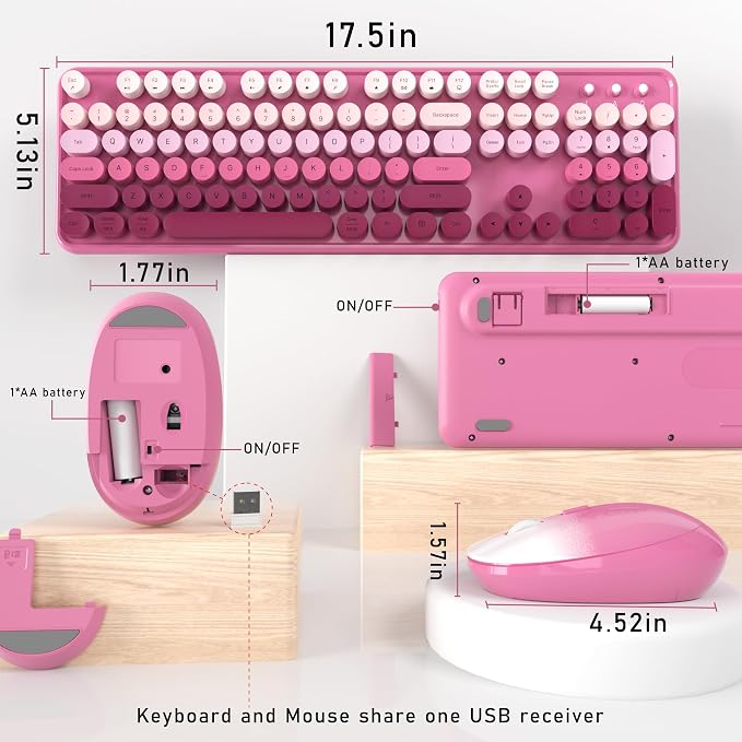 Links9+ Colorful Wireless Keyboard and Mouse Combo (Dark Pink Gradient) | Full-Size Retro Typewriter Style Keyboard with Vintage Round Keycaps, 2.4G Wireless Set for Windows, Mac, Laptop, PC, Desktop